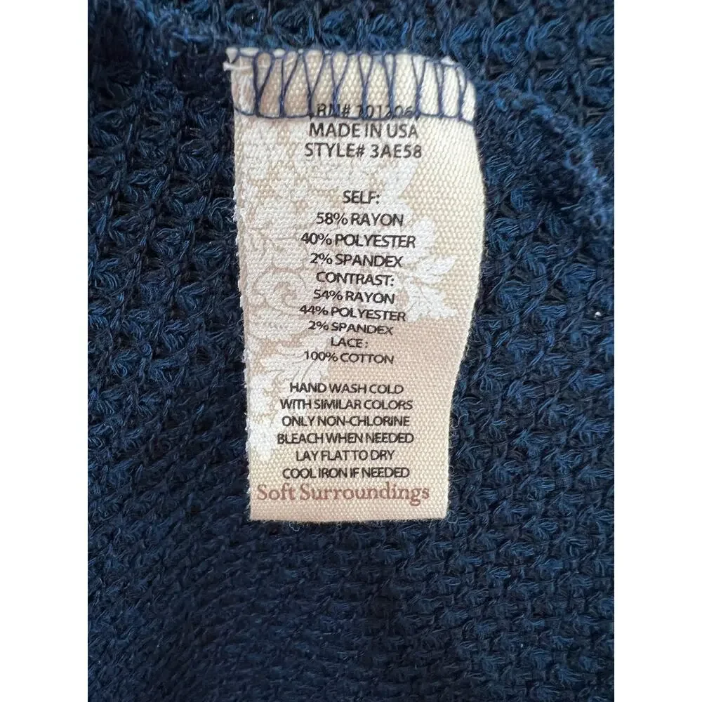 Soft Surrounding Bailey Sweater Blue Waffle Knit Lace Trim Petite Medium PM M